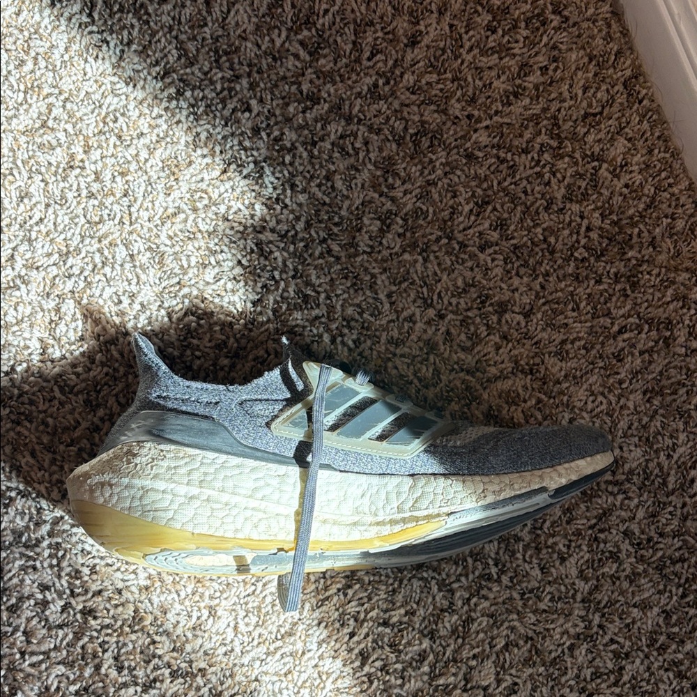 adidas Grey Knit Running Shoe with Yellow Accent